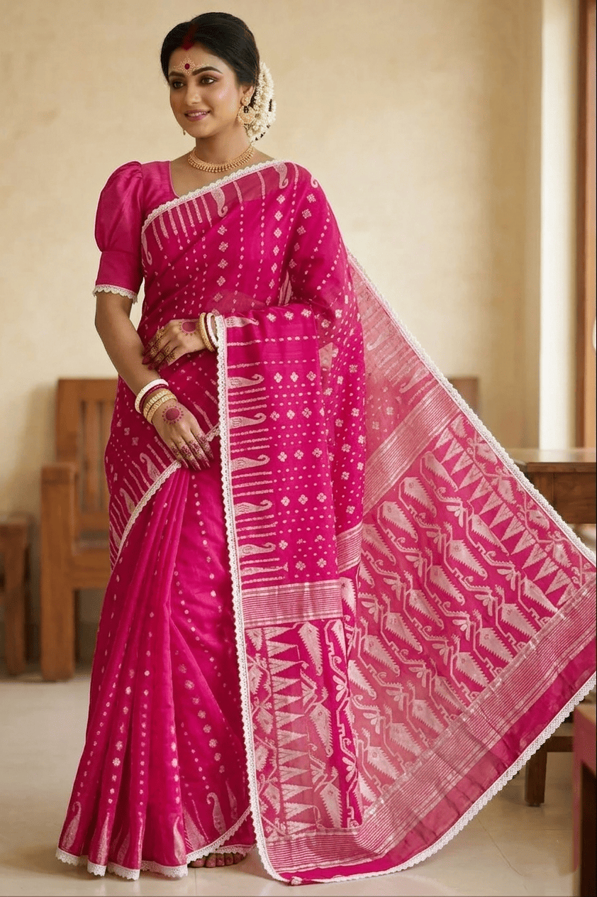 Binodini Bengal Jamdani Saree (Pink White)