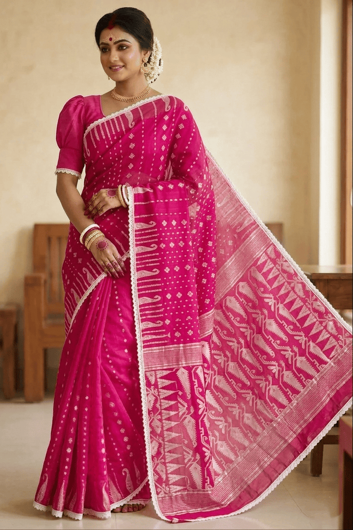 Binodini Bengal Jamdani Saree (Pink White)