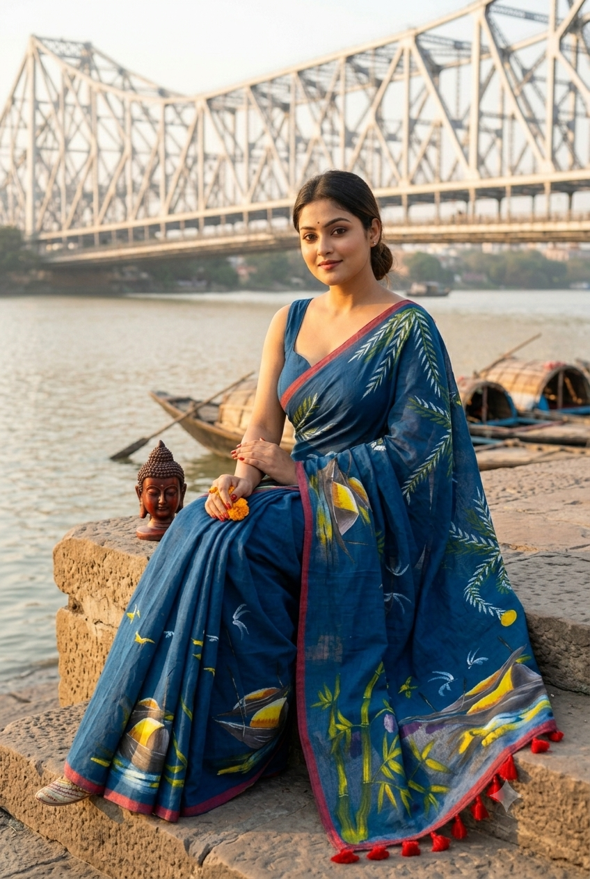 Mayur Tori Hand Printed Cotton Saree