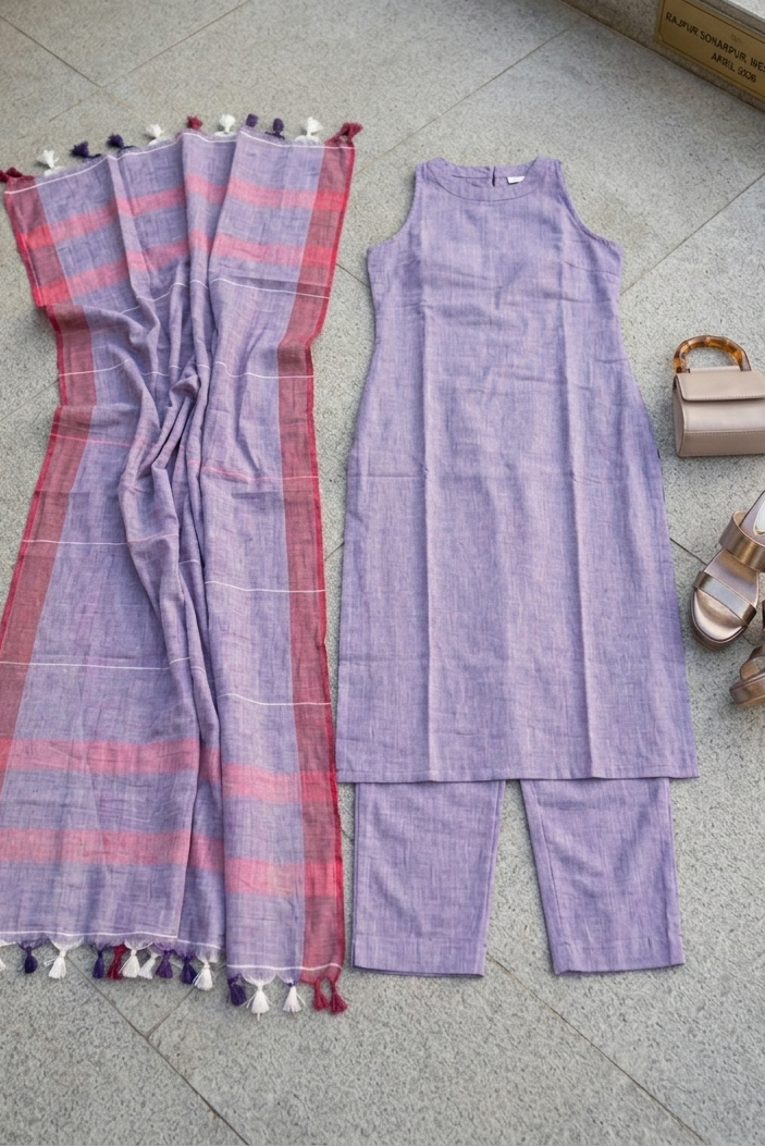 Garmi Relief Cotton Set With Linen Dupatta (lavender)
