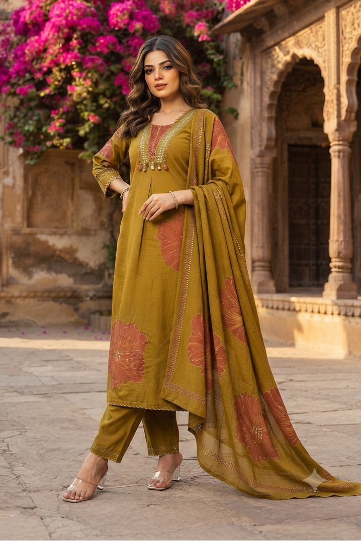Olive Petals Cotton Kurti Set