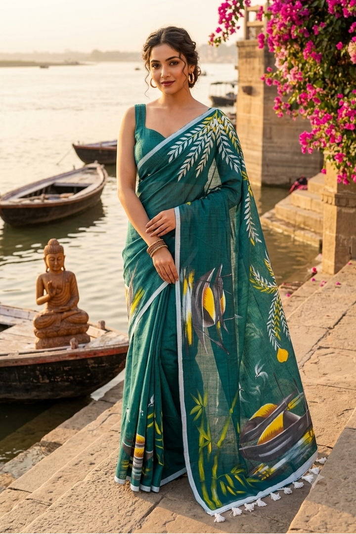 Mayur Tori Hand Printed Cotton Saree