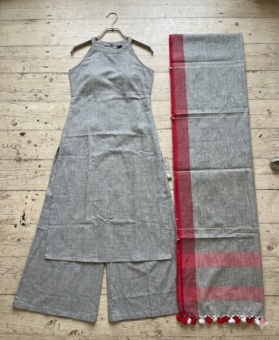 Garmi Relief Cotton Set With Linen Dupatta