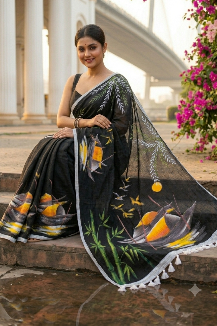 Mayur Tori Hand Printed Cotton Saree