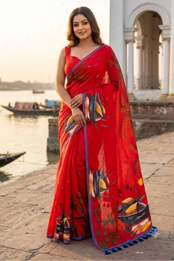 Mayur Tori Hand Printed Cotton Saree