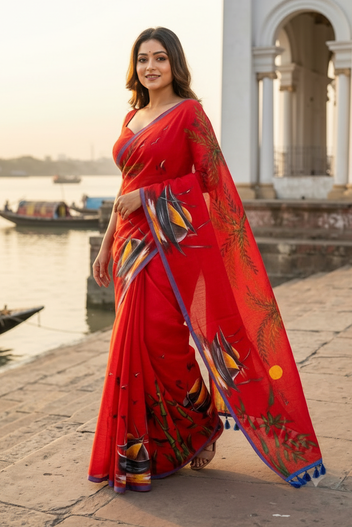 Mayur Tori Hand Printed Cotton Saree