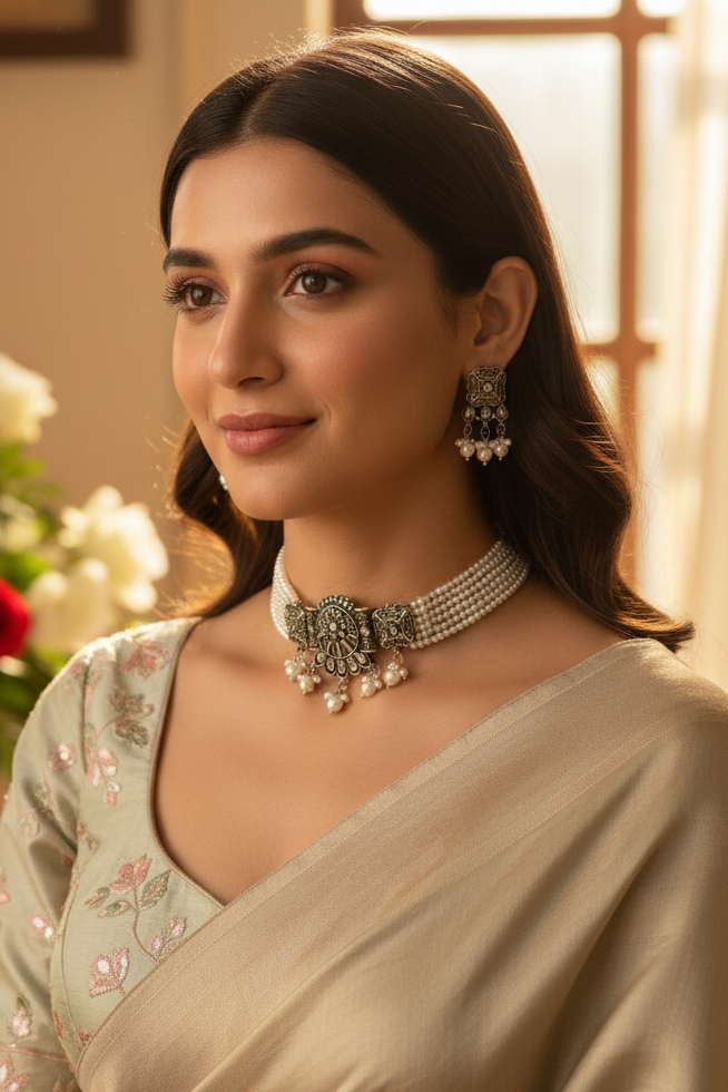 Pearl Veda-Oxidized Chocker Set