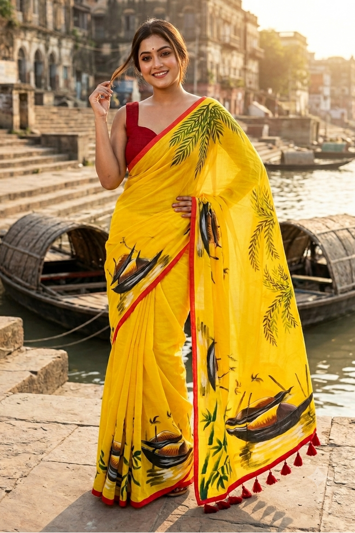 Mayur Tori Hand Printed Cotton Saree