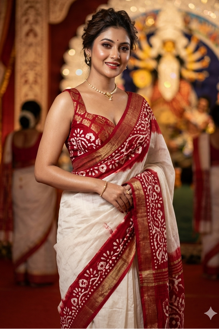 Be You - White Red Cotton Linen Batik Saree
