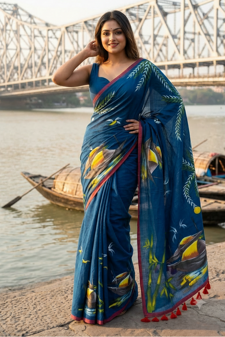 Mayur Tori Hand Printed Cotton Saree
