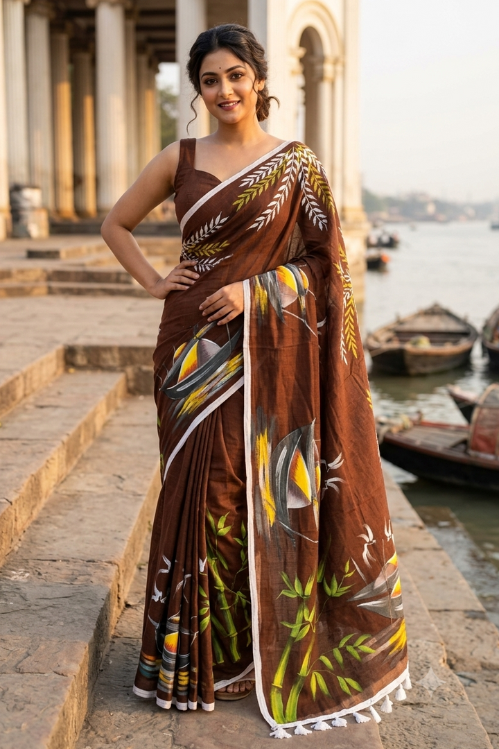 Mayur Tori Hand Printed Cotton Saree
