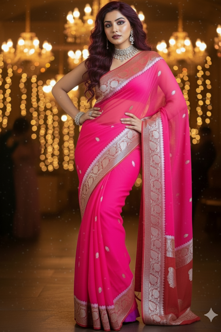 Razzmatazz Pink Khaddi Chiffon Banarasi saree