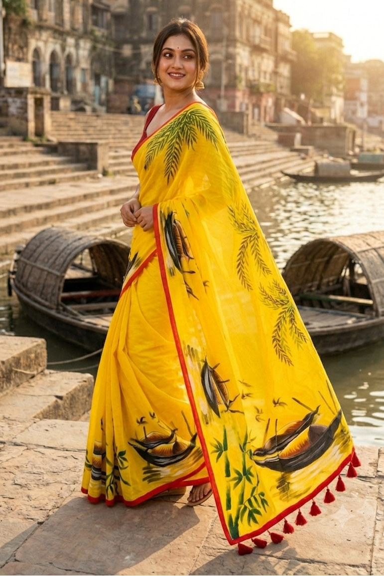Mayur Tori Hand Printed Cotton Saree