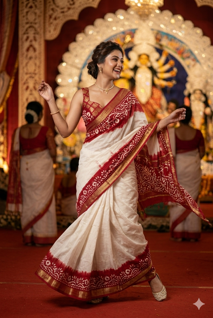 Be You - White Red Cotton Linen Batik Saree