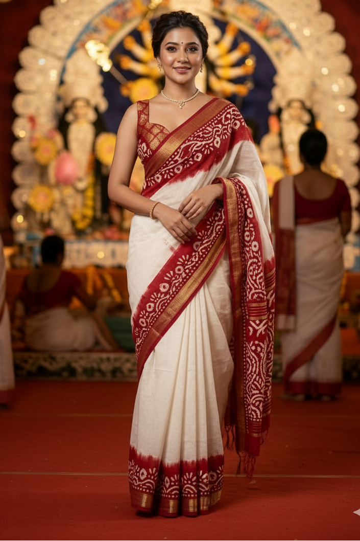 Be You - White Red Cotton Linen Batik Saree