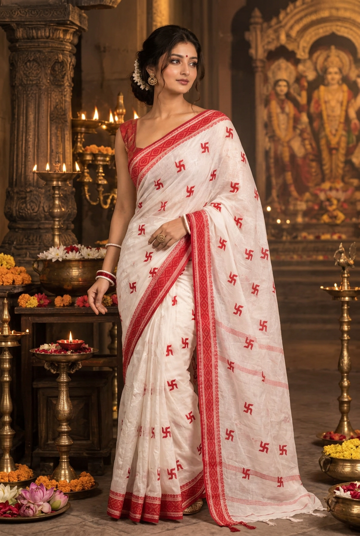 Ashtami Tangail Tant Cotton Saree(Swastik Design)