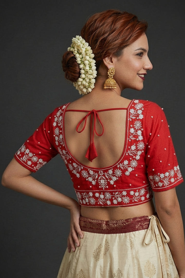The Monarch Red Flower Designer Blouse