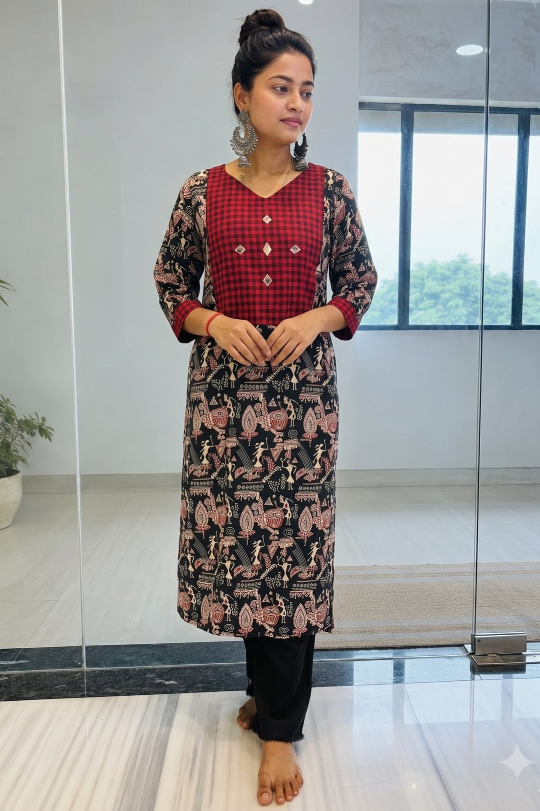 Red Check Heritage Kurti.-Kurti(Only Kurti)