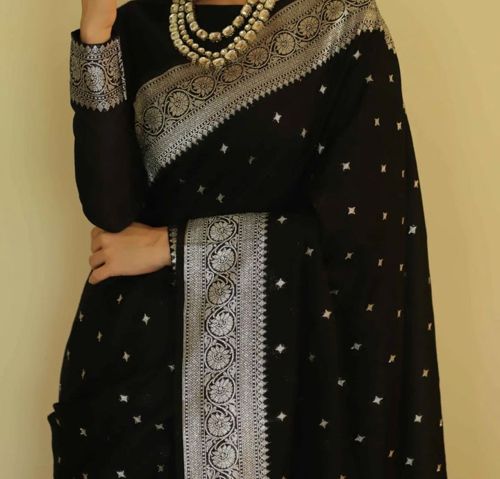 Black Banarasi Semi Katan Light Silk Saree