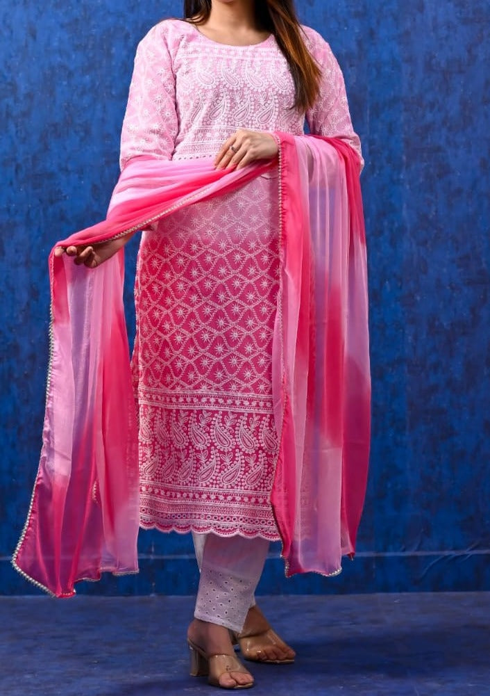 Innocent Pink Double shaded Schiffli Chikankari suit set