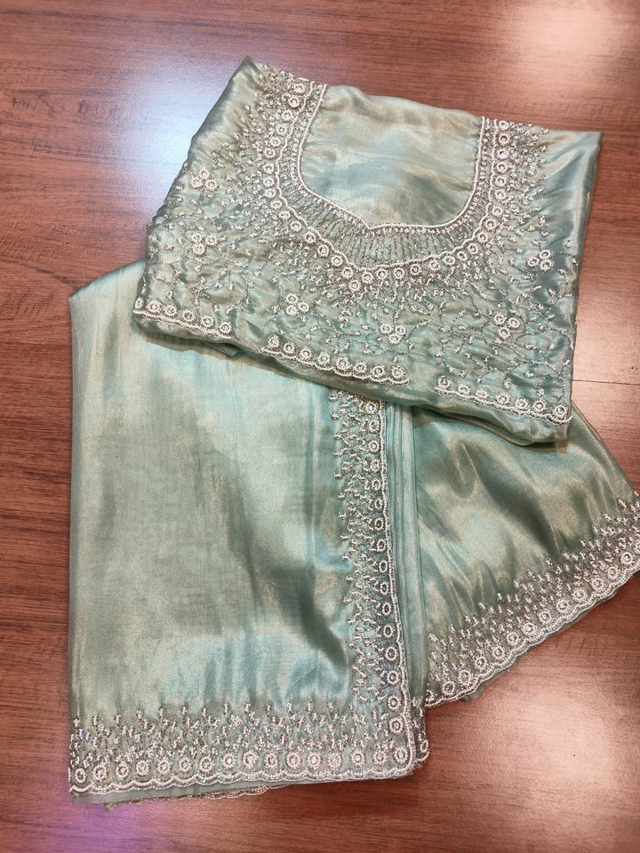 Mingle With Single Color Tissue Organza Saree(Powder Green)