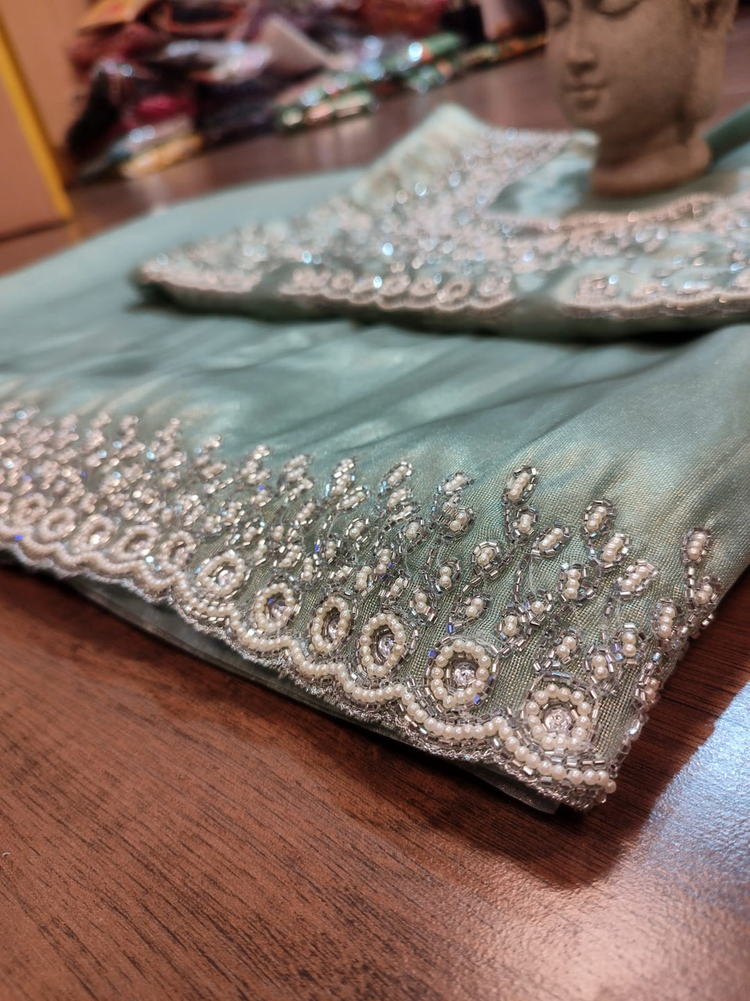 Mingle With Single Color Tissue Organza Saree(Powder Green)