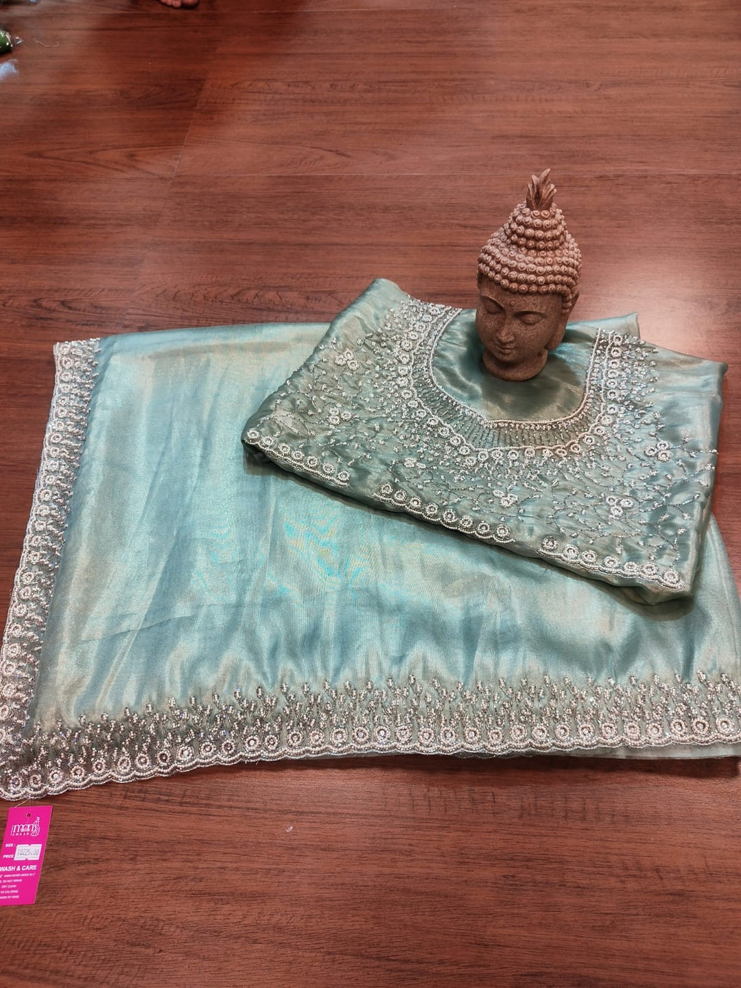 Mingle With Single Color Tissue Organza Saree(Powder Green)