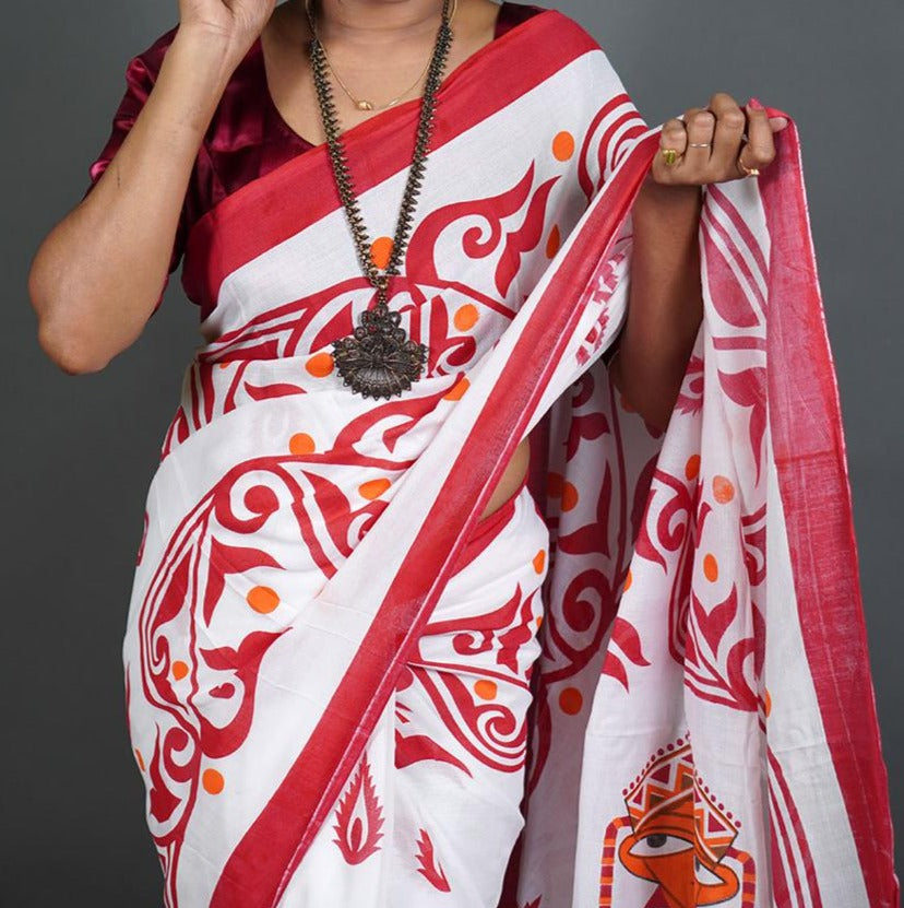 Destroyer Of All Obstacles - A Beautiful Printed Bengal Khadi Saree