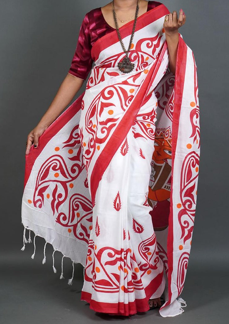 Destroyer Of All Obstacles - A Beautiful Printed Bengal Khadi Saree