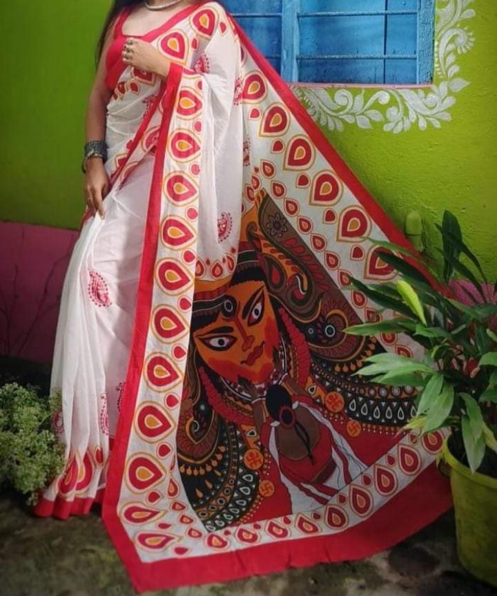 Jaya -  Ma Durga Print Khadi Cotton Saree