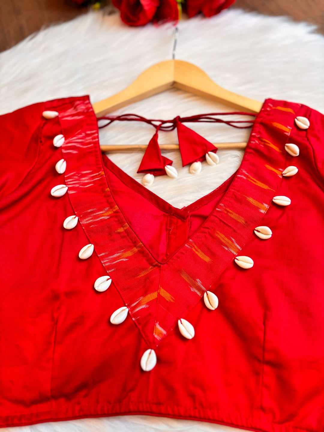 New Direction- Red Designer Blouse With Cowrie shells