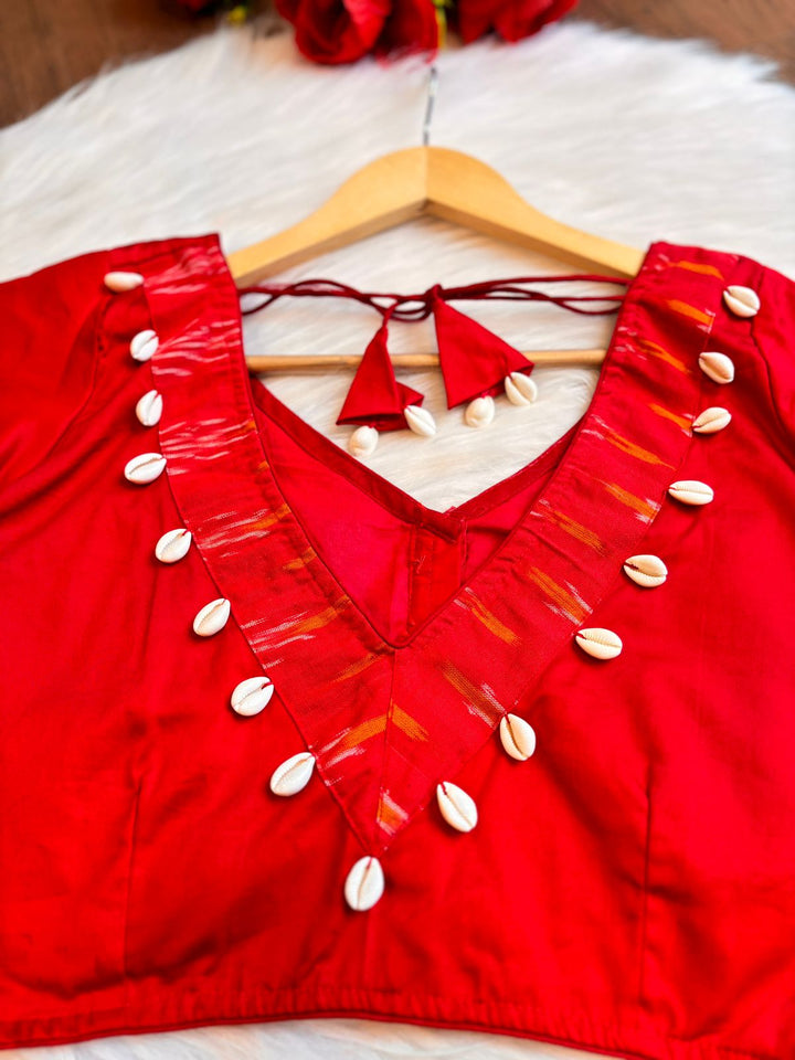 New Direction- Red Designer Blouse With Cowrie shells