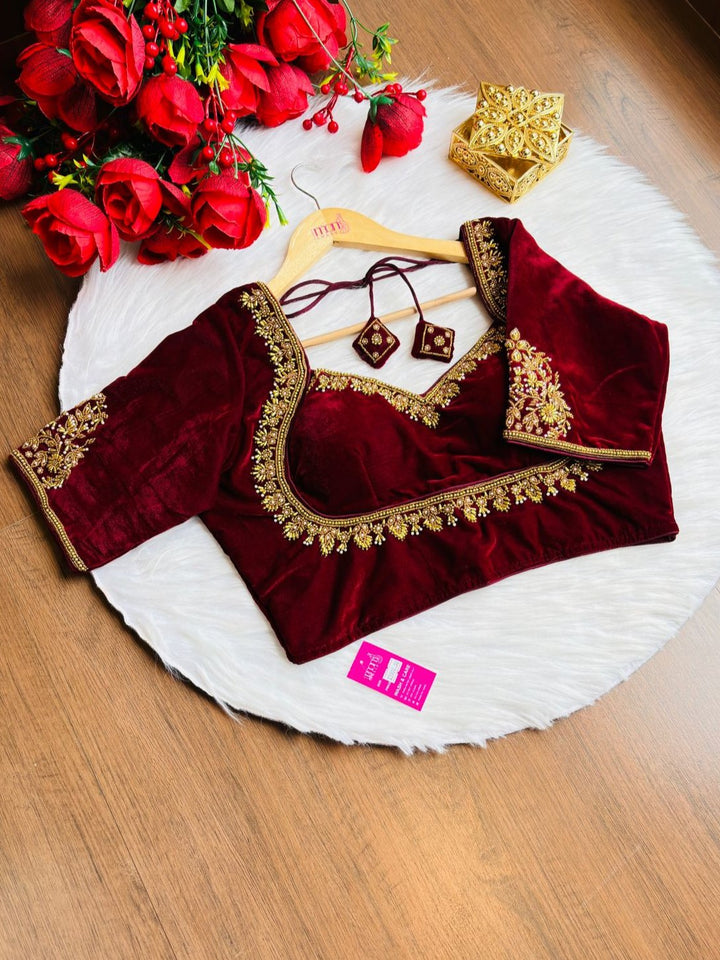 Trend With Velvet -Designer Blouse With Maggam Hand work