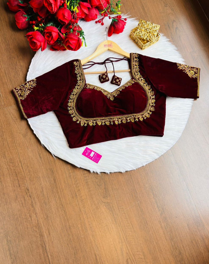 Trend With Velvet -Designer Blouse With Maggam Hand work