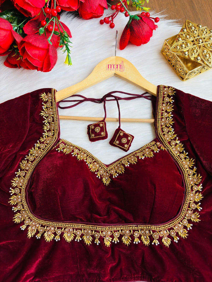 Trend With Velvet -Designer Blouse With Maggam Hand work