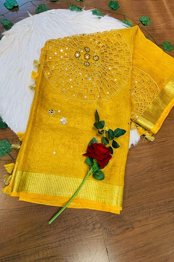 Purest Form Of Tissue Linen Saree(Handwork)