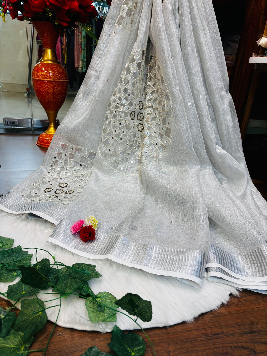 Tissue Linen Saree With Handwork