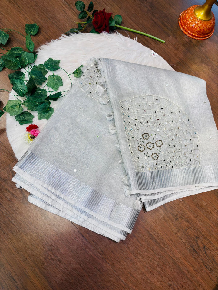 Tissue Linen Saree With Handwork