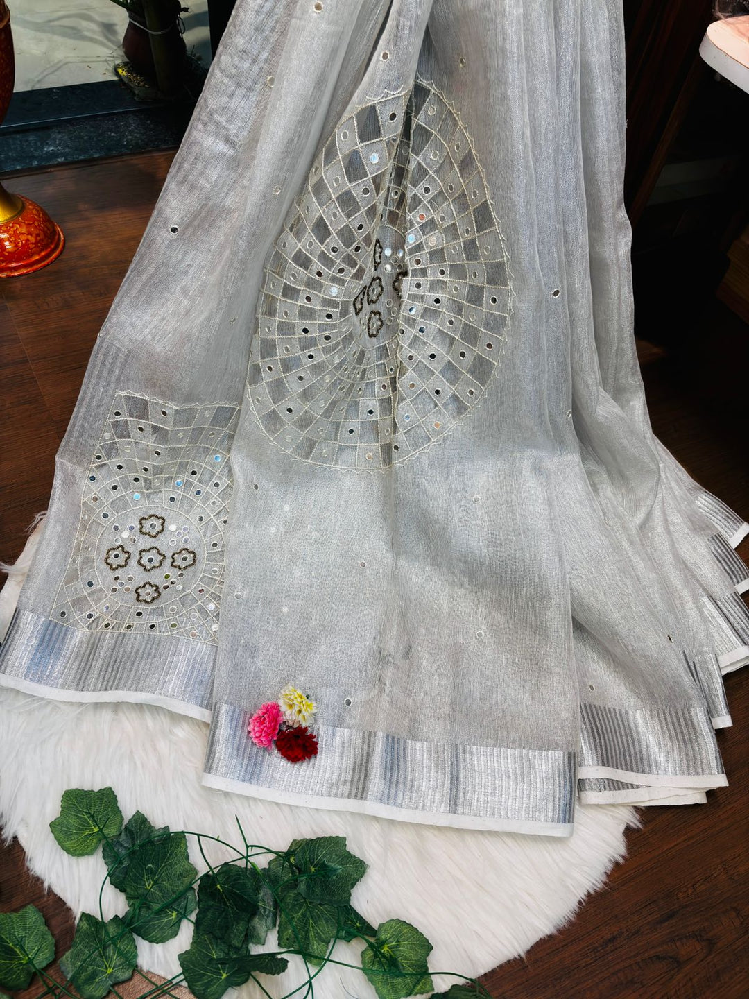 Tissue Linen Saree With Handwork