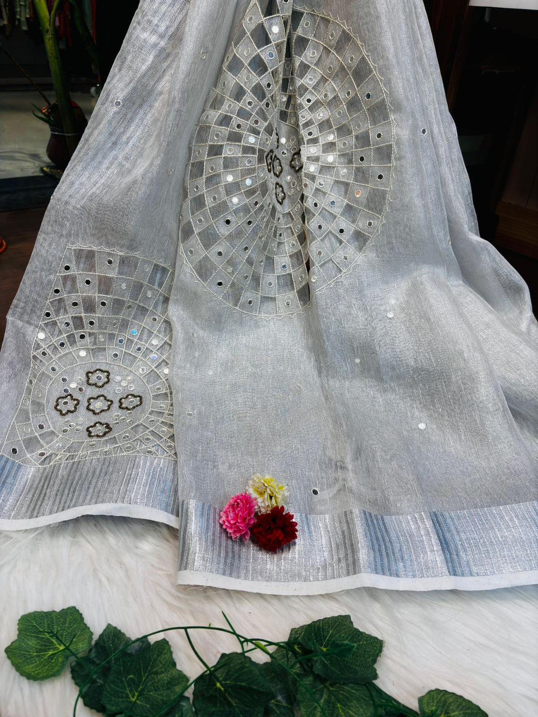 Tissue Linen Saree With Handwork