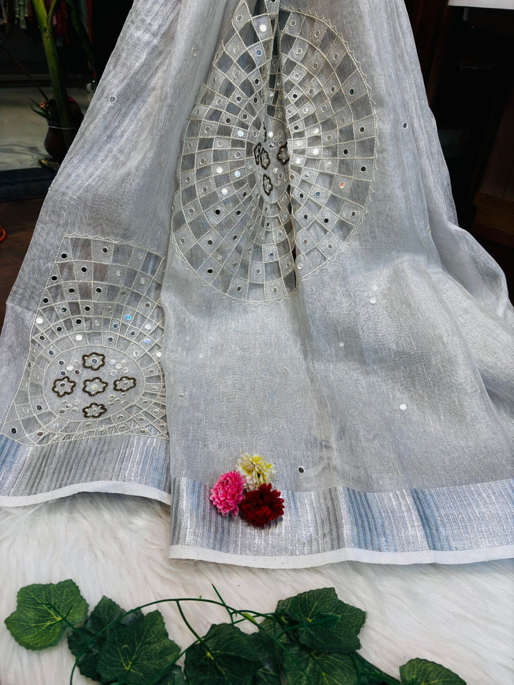 Tissue Linen Saree With Handwork