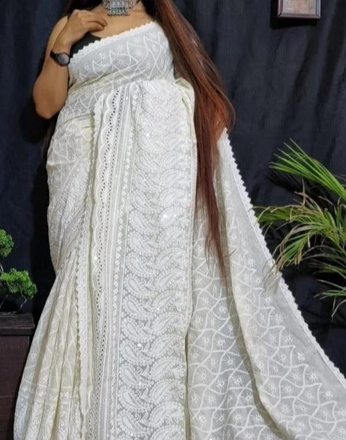 White Rose Chikankari Hakoba Saree