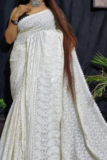 White Rose Chikankari Hakoba Saree