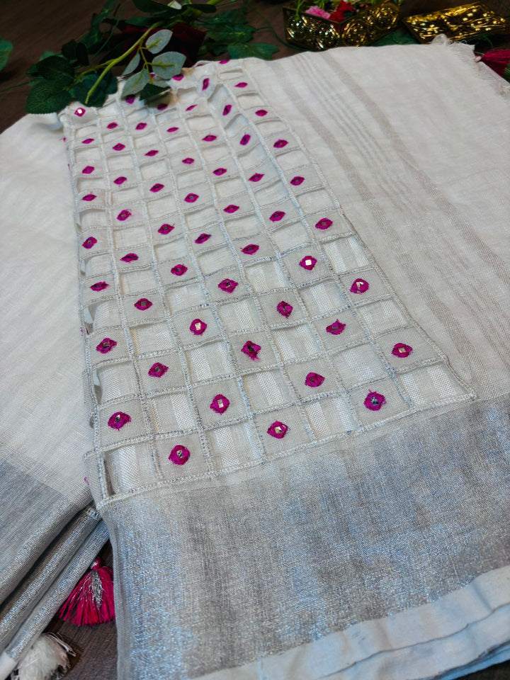 White Air - Pure  Linen Saree with Cut Work