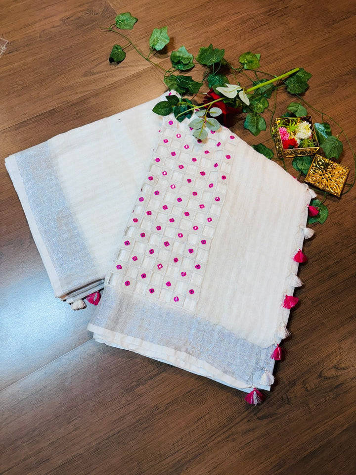 White Air - Pure  Linen Saree with Cut Work