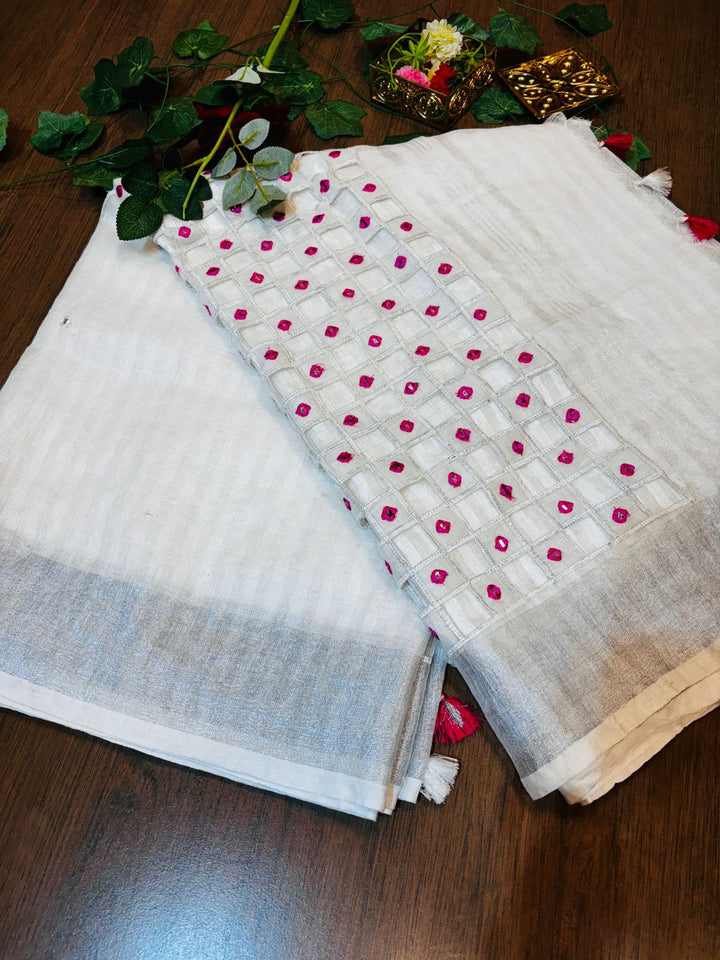 White Air - Pure  Linen Saree with Cut Work