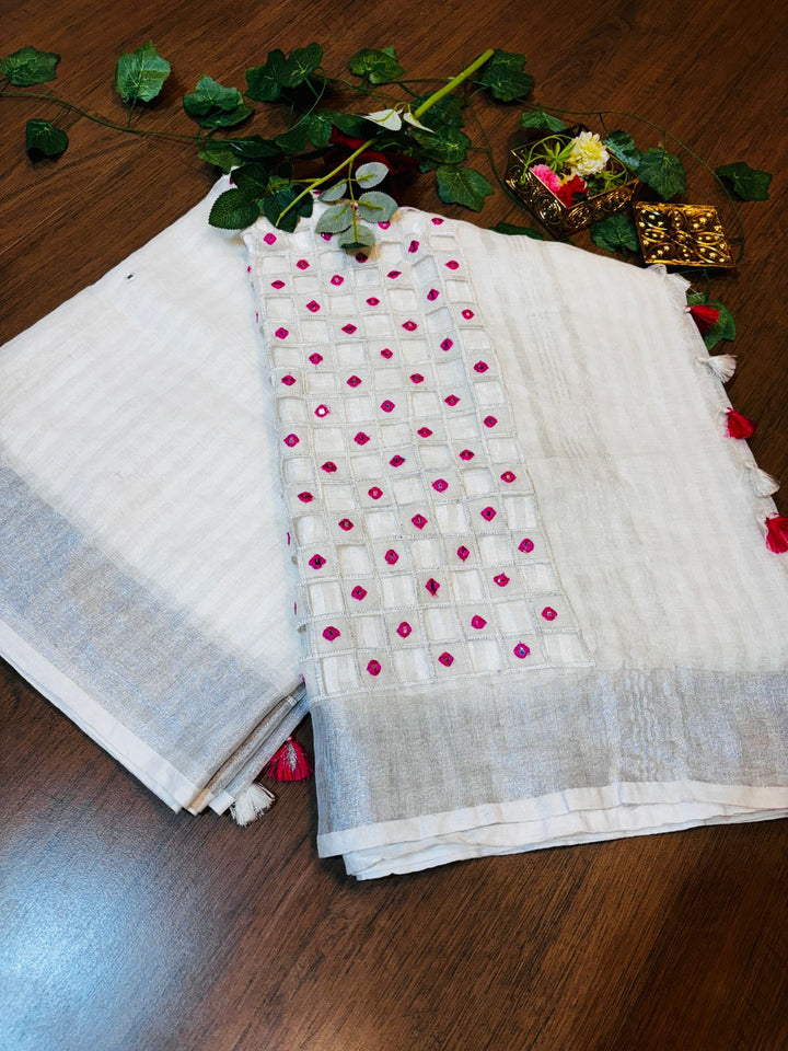 White Air - Pure  Linen Saree with Cut Work