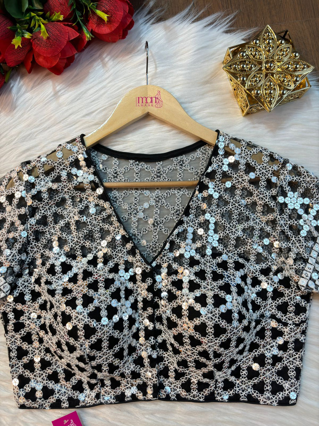 My Black Sequins  Designer Net Blouse