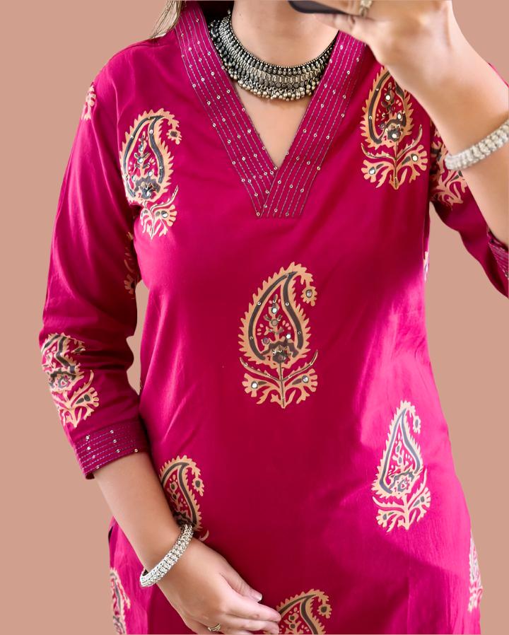 Pink Carnation Cotton Kurti Set