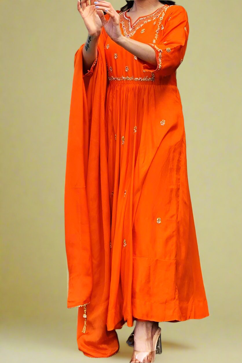 Orange Festival Rayon Kurti Set